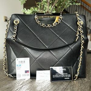 SOLD Chanel Quilted Black Real Catch Large Shopping Tote